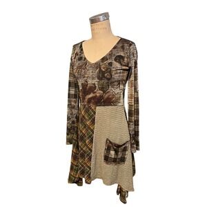 Y2K Patchwork Dress vintage Unique Print Long Sleeve Plaid Olive Green Artsy - M